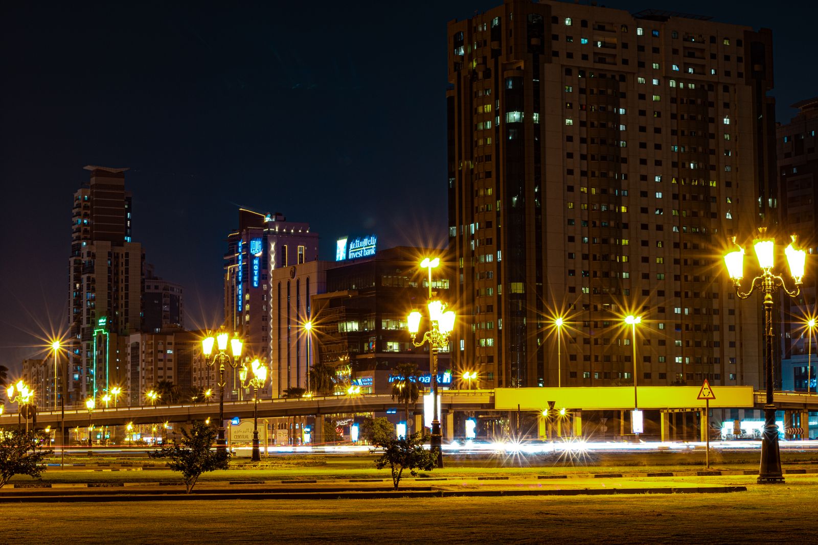 Sharjah, UAE cityscape at night, near the SAIF Zone free zone